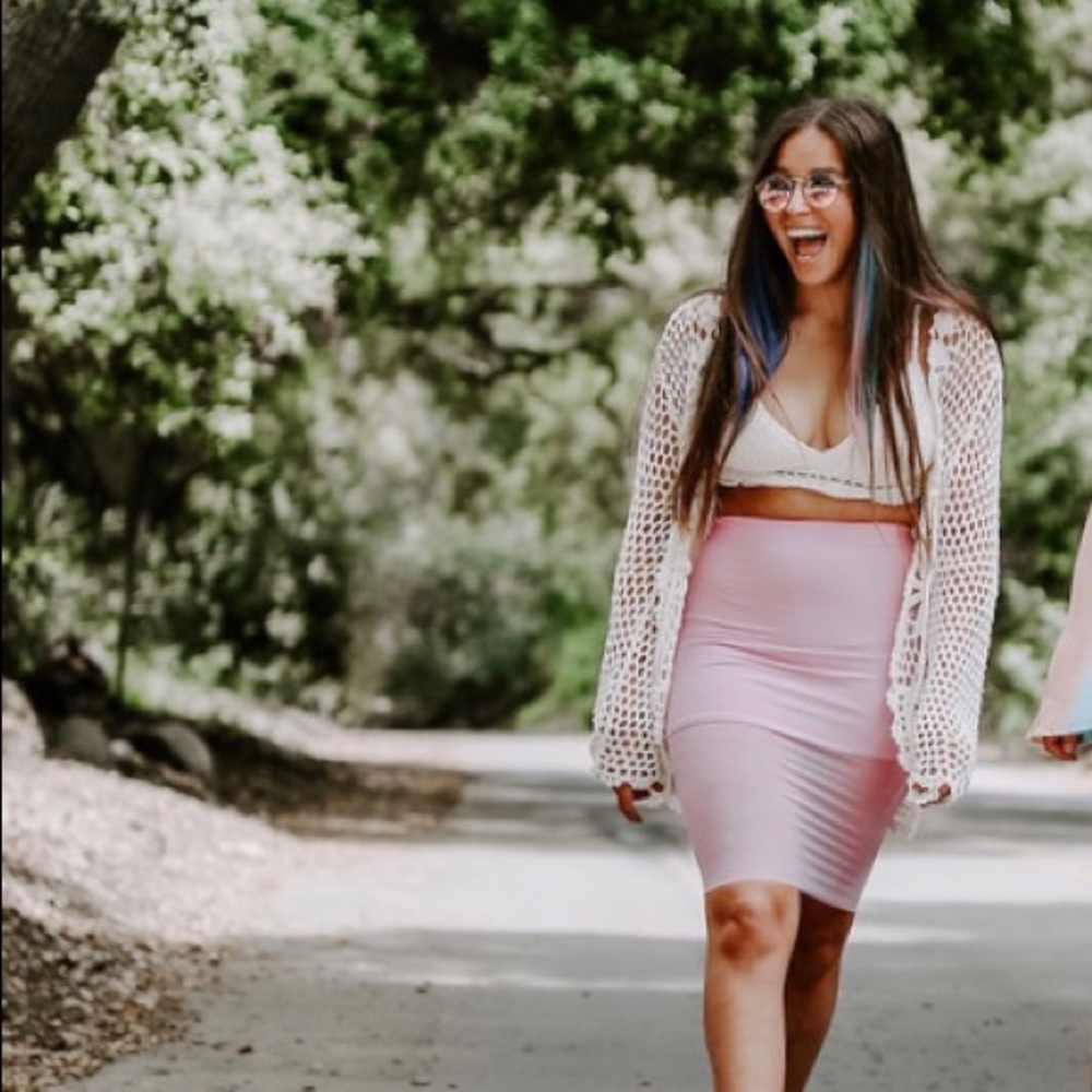 Pink midi skirt with see through mesh